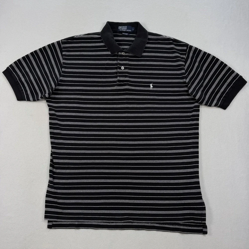Polo Ralph Lauren Polo Shirt Mens Large Black White Striped‎ Short Sleeve Golf